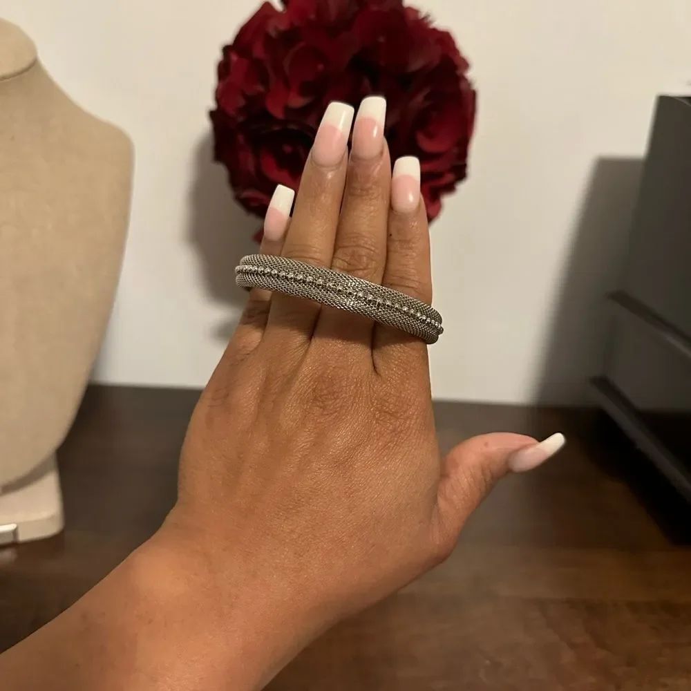 Cookie Lee...Silver Tone Mesh & Beaded Design Bangle Bracelet...Small size